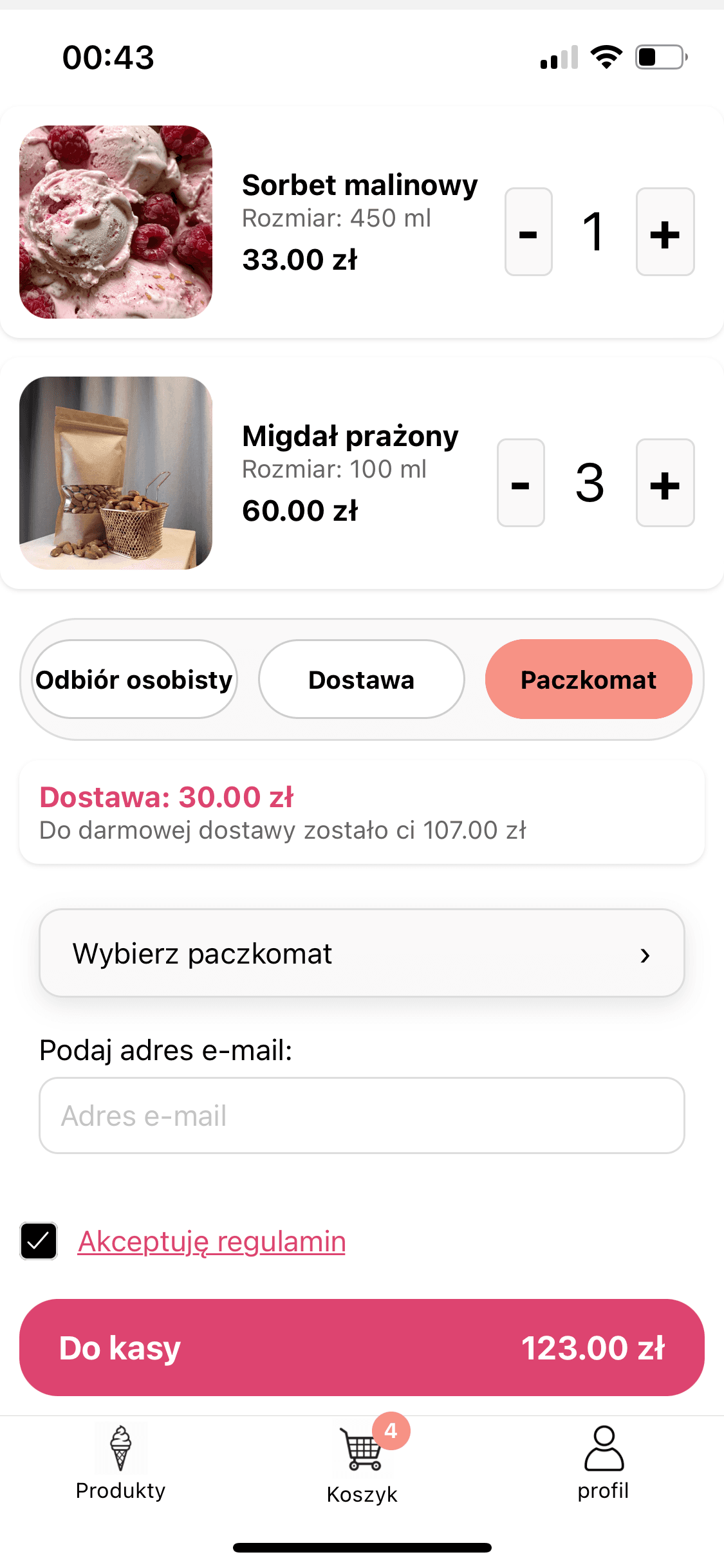 Koszyk – lista pozycji, wybór dostawy (odbiór, kurier, paczkomat), Do kasy